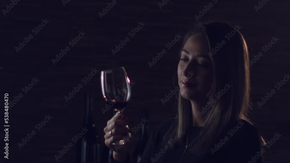 a lady dreamily and in love raises her glass of red wine and looks at it against a dark background - slow motion a lady dreamily and in love raises her glass of red wine and looks at it against a dark background - slow motion