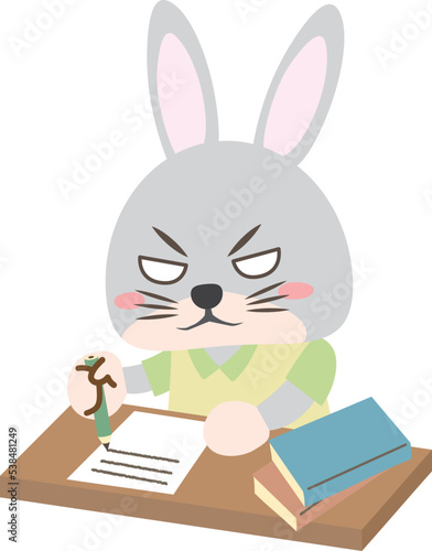 机に向かって怒りながら字を書くウサギのイラスト © うた♪くま