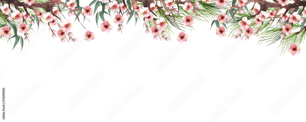 水彩で描いた松竹梅のフレームデコレーション
Watercolor floral frame composition with pine, bamboo and plum trees