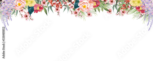 水彩で描いた和風の花のフレームデコレーション
Watercolor floral frame composition with Japanese flowers
