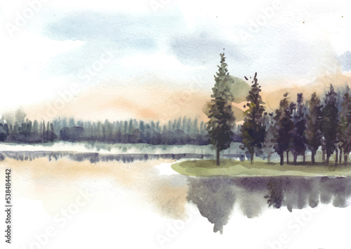 Reflection of pine trees in lake watercolor