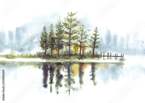 Reflection of  beautiful pine trees with dock in lake watercolor
