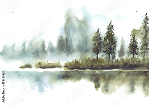 Reflection of  beautiful pine trees in lake watercolor