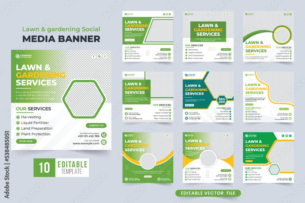 Agro farming service social media post bundle with green and blue colors. Lawn gardening service web banner template collection for online marketing. Gardening and landscaping service template set.