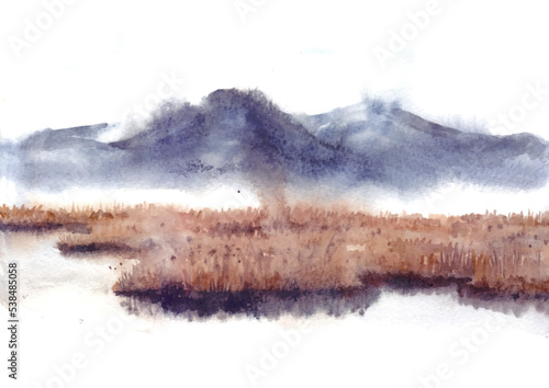 Beautiful mountain and lake in watercolor painting