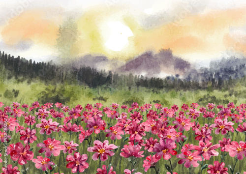 Sunrise nature landscape with beautiful red flowers in watercolor painting