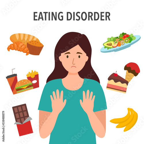 Woman with eating disorder concept vector illustration. Anorexia disease. Female bored food.