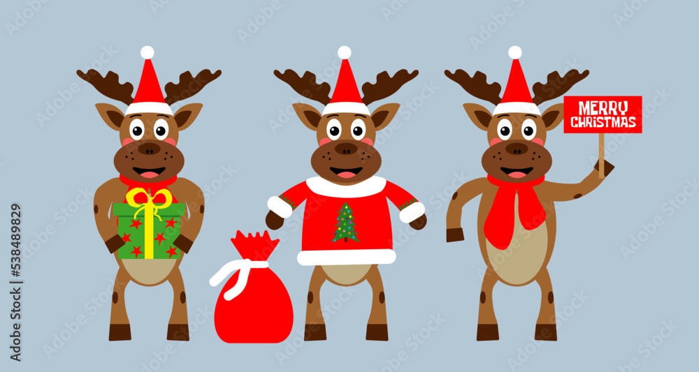 cute christmas deer set in santa hat with gift bag sign vector illustration