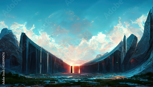 Alien Tech Relic. Outer Space World. Fantasy Theme Sci-Fi Futurism Masterpiece Landscape View. VIvid Atmosphere Sky  With Glowing Cloud And Radiance line.