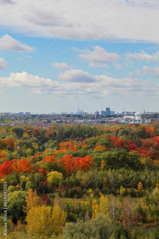 Toronto city skyline and CN Tower seen from Beare Hill Park overlooking Rouge National Urban Park