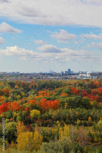 Toronto city skyline and CN Tower seen from Beare Hill Park overlooking Rouge National Urban Park