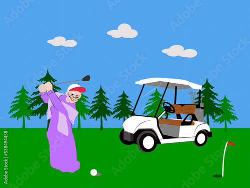 Older adult sport Cartoon elderly Man Play Alone at Summer Time. Healthy Lifestyle.happy grandfather Playing Golf. drawing image of golf cart on green field  vehicle transportation sport concept 
