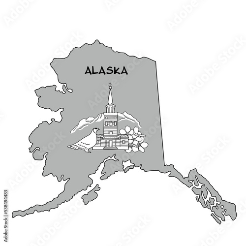 Alaska state hand-drawn design, gray color  USA. Travel