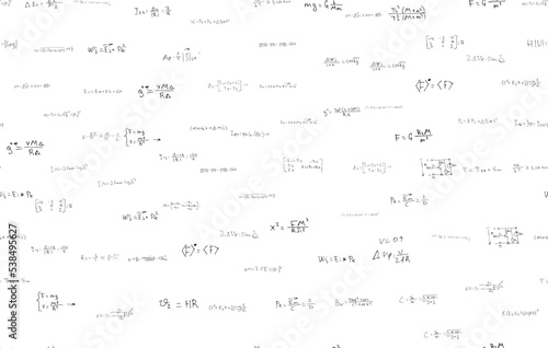 Formulas of astrophysics, quantum mechanics, radio circuits. Scientific, educational background on white. Hand drawn.