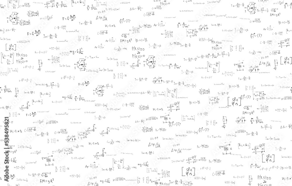 Formulas of astrophysics, quantum mechanics, radio circuits. Scientific, educational background on white. Hand drawn. Formulas of astrophysics, quantum mechanics, radio circuits. Scientific, educational background on white. Hand drawn.