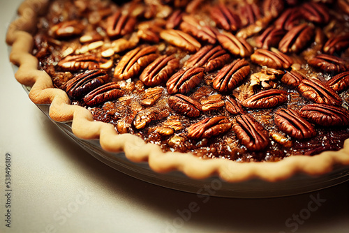 Photo realistic illustration of sweet pecan pie. photo