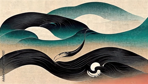 Traditional wave painting with green, black and red accents, white background, Ukiyoe-like Katsushika Hokusai style, several wave patterns in Japanese style, abstract, retro and elegant, design  photo