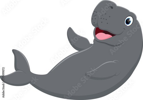 Happy cute cartoon manatee swimming 