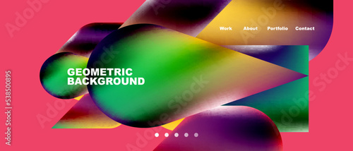 Glassmorphism landing page background template. Colorful glass shapes with metallic effect abstract composition for wallpaper, banner, background