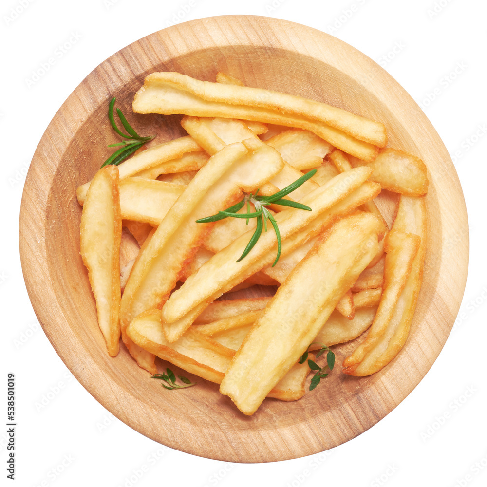 French fries potatoes in wooden bowl isolated on white background French fries potatoes in wooden bowl isolated on white background