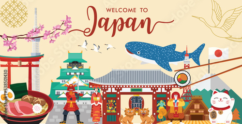 Japan travel banner with famous attractions.