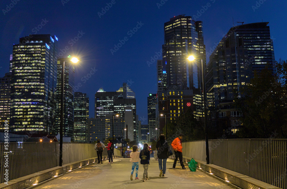 Fototapeta premium People crossing the bridge over the Bow River at night, Calgary