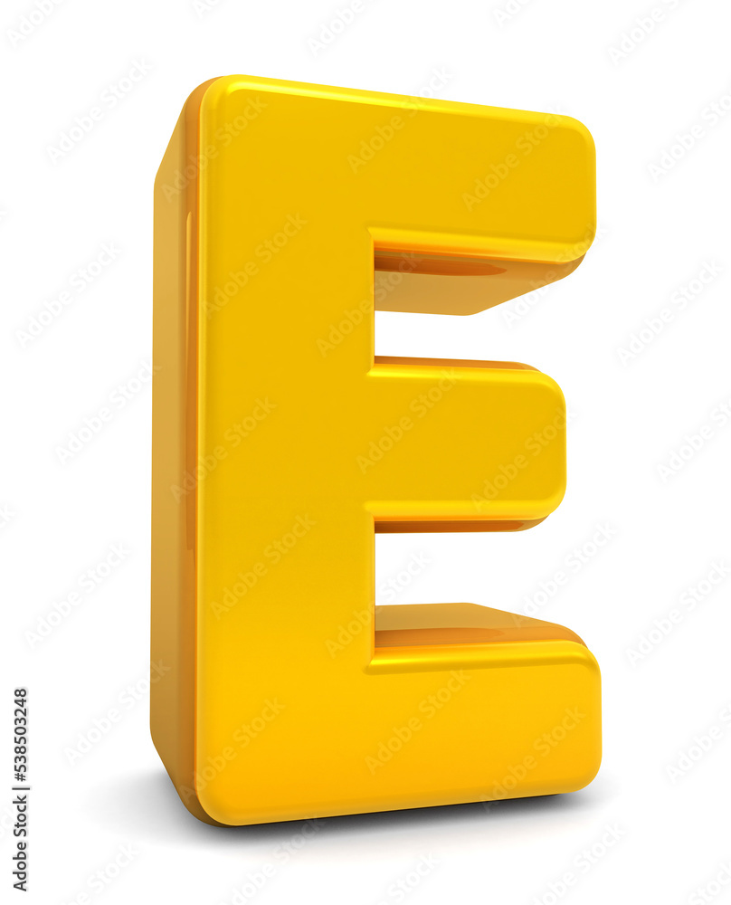 Golden Alphabet E isolated on white background. Gold 3d font E. 3D golden letters. Alphabetical font. 3D rendering Golden Alphabet E isolated on white background. Gold 3d font E. 3D golden letters. Alphabetical font. 3D rendering