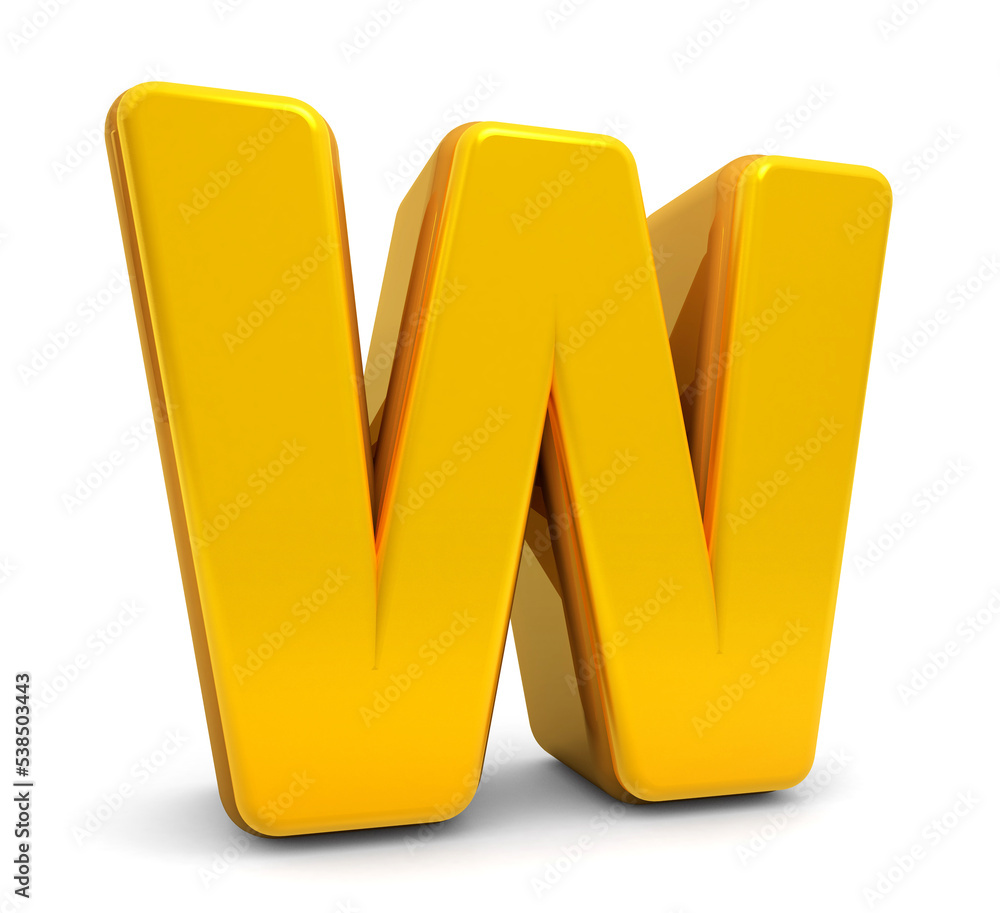 Golden Alphabet W isolated on white background. Gold 3d font W. 3D golden letters. Alphabetical font. 3D rendering Golden Alphabet W isolated on white background. Gold 3d font W. 3D golden letters. Alphabetical font. 3D rendering