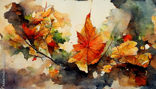 Abstracts of Autumn Leaves Drawn by watercolor Painting