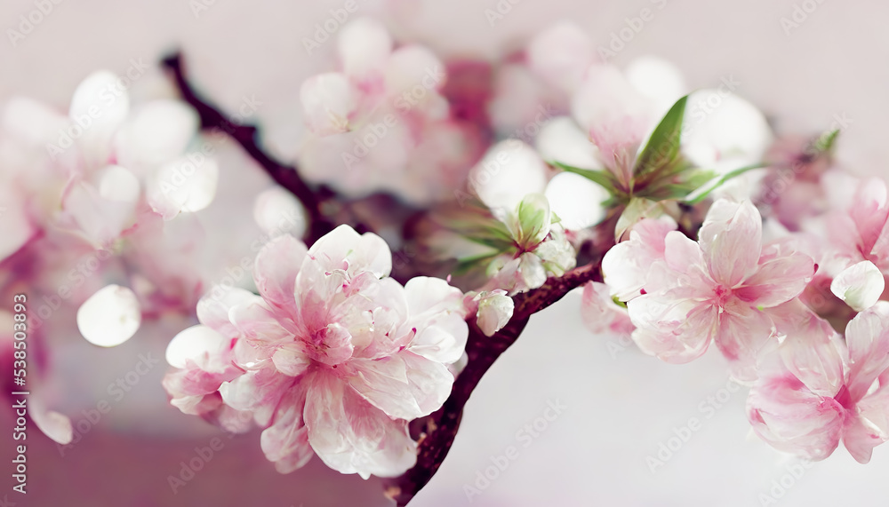 Obraz premium Spring sakura cherry blooming flowers bouquet. Isolated realistic pink petals, blossom, branches, leaves. 3D Rendering