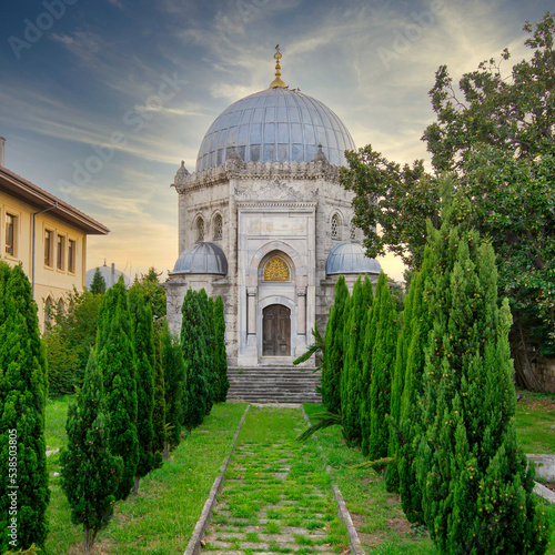 Tomb of Ottoman Sultan Rashad, or Resad, suited in Eyupsultan district of Istanbul, Turkiye, after renovation, before sunset photo