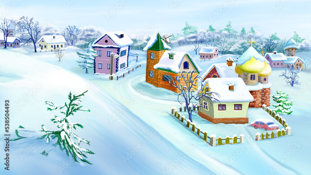 Winter day in a village illustration