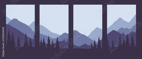 Pine forest in the mountain scenery vector landscape illustration with cropped style perfect for background, desktop background, wallpaper, nature banner, card, social media post.