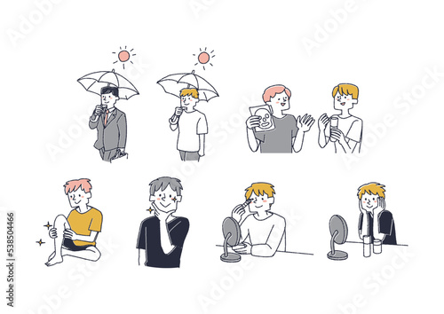 美容に気を遣っている男性のイラストのセット　コミカルな手書きの人物　ベクター、線画にカラー