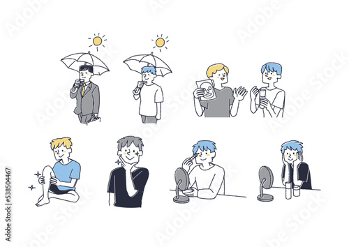 美容に気を遣っている男性のイラストのセット　コミカルな手書きの人物　ベクター、線画にカラー