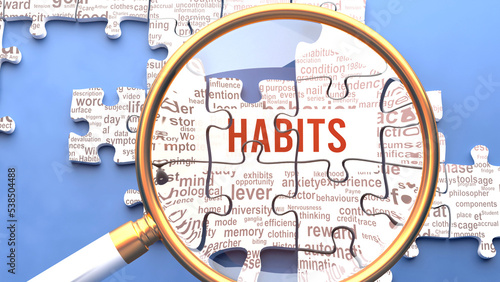 Habits as a complex and multipart topic under close inspection. Complexity shown as matching puzzle pieces defining dozens of vital ideas and concepts about Habits,3d illustration photo