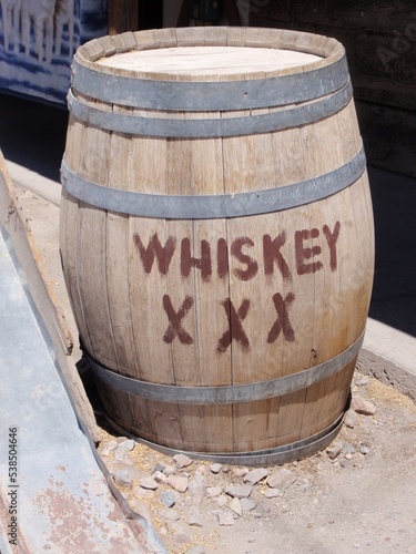 Wooden Whiskey Barrel Outside in Oatman, Arizona  photo