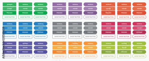 Colorful button set for web, website, app, print, UI. Vector button states with normal, hover, pressed and ghost state.