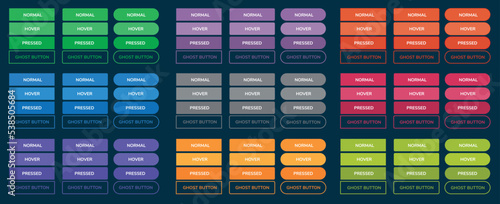 Colored buttons set for the web showing with normal, hover, pressed, and ghost state. Can be used for web, website, app, print, UI. Vector.