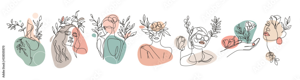 Woman Abstract Face with Flowers Line Drawing Set. Female Portrait Minimalist Style. Botanical Nature Trendy Symbol for Cosmetics. Continuous Line Art Fashion Minimal Print. Beauty Logo. Vector EPS 10 Woman Abstract Face with Flowers Line Drawing Set. Female Portrait Minimalist Style. Botanical Nature Trendy Symbol for Cosmetics. Continuous Line Art Fashion Minimal Print. Beauty Logo. Vector EPS 10