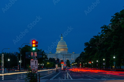 United States Capitol Building Night View with Car Lights Trails, Washington DC, USA