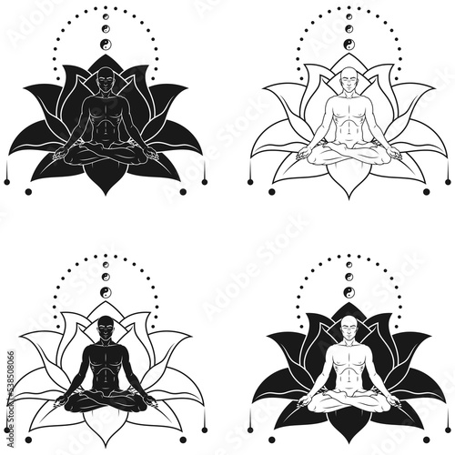 Vector design of Man Meditating with lotus background