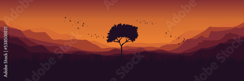landscape scenery with tree silhouette vector illustration good for wallpaper, background, banner, backdrop, web, ui, ux, adventure, travel, and design template
