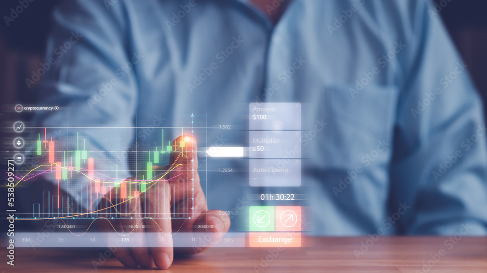 Businessman analysis chart or stock graph using finger touch at virtual chart. Stock market business or financial banking, crypto currency exchange. Chart analysis concept. Businessman analysis chart or stock graph using finger touch at virtual chart. Stock market business or financial banking, crypto currency exchange. Chart analysis concept.