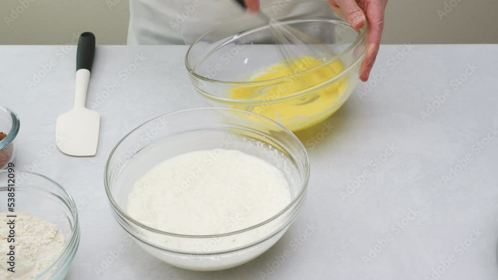 Step by step chocolate cake recipe. Mixing ingredients for cake batter Step by step chocolate cake recipe. Mixing ingredients for cake batter