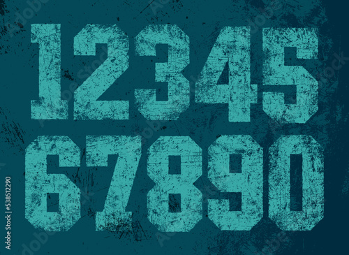 Numbers with a scratched worn texture. Detailed individually textured characters. Unique design font