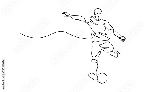 continuous line drawing of soccer football player shooting ball