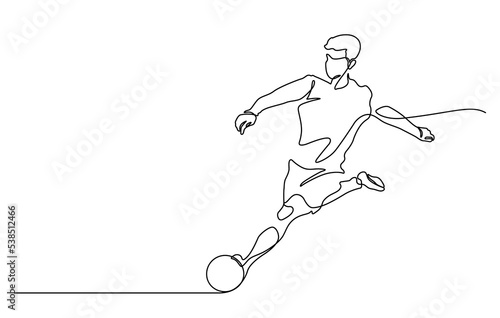 one line drawing of man shooting football vector illustration