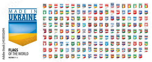 A set of vector icons with flags of countries and with the inscription made in