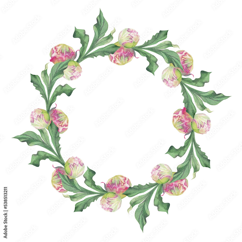 Watercolor circle frame arrangement with hand drawn delicate pink peony flowers, buds and leaves. Isolated on white background. For invitations, wedding, love or greeting cards, paper, print, textile Watercolor circle frame arrangement with hand drawn delicate pink peony flowers, buds and leaves. Isolated on white background. For invitations, wedding, love or greeting cards, paper, print, textile